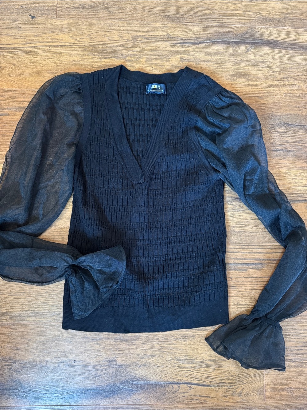 Meave by Anthropologie Black V-Neck Semi-Sheer Puff Sleeve Top